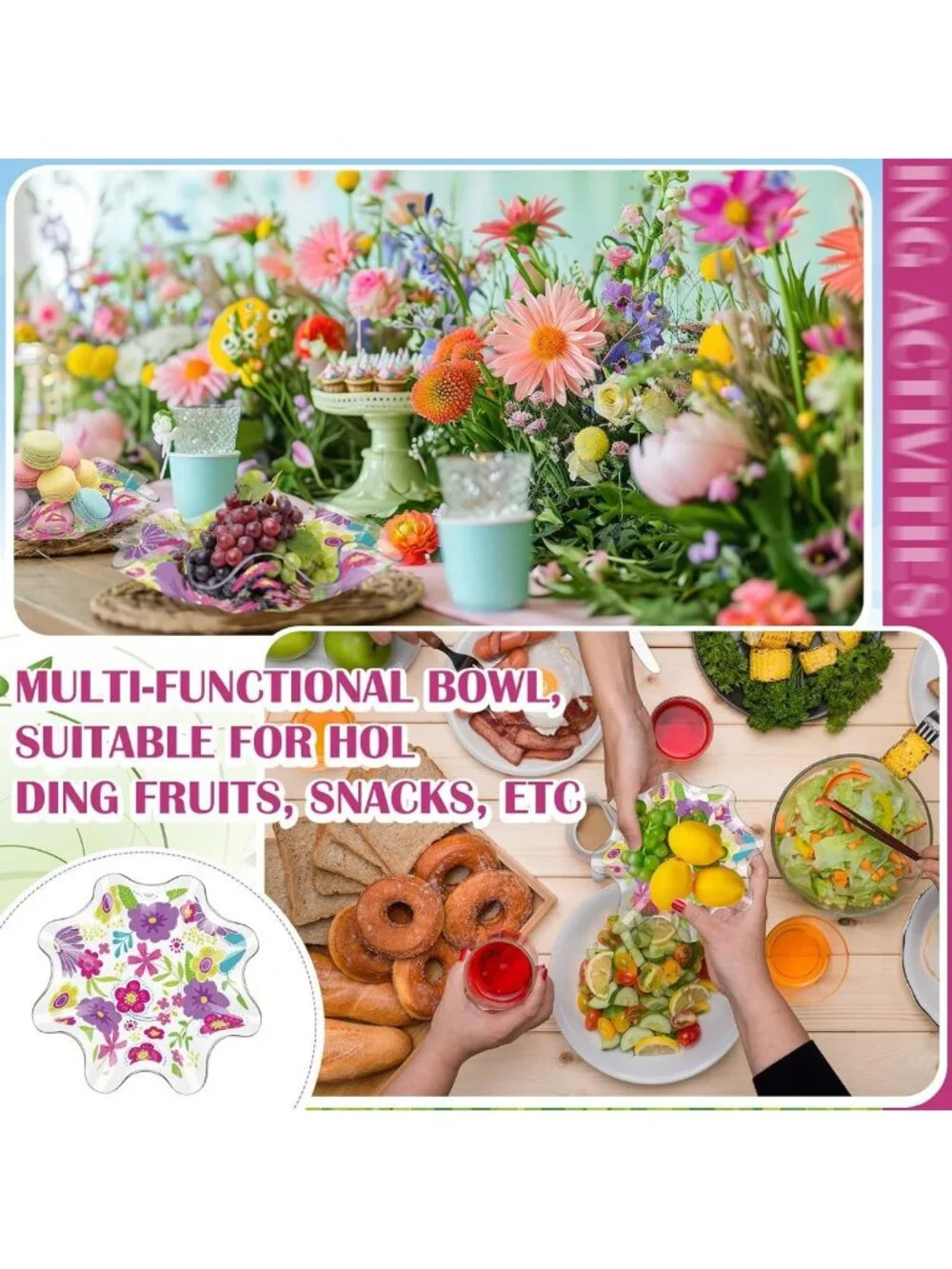 4 Pcs Floral Plastic Bowls - 8 Inch Daisies & Wildflowers, Reusable Snack